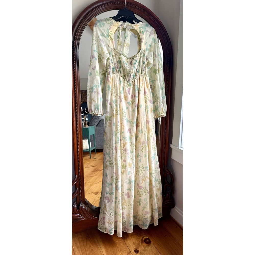Vtg 70s Dress Prairie Smocked Maxi Dress Floral LS CottageCore Whimsical M